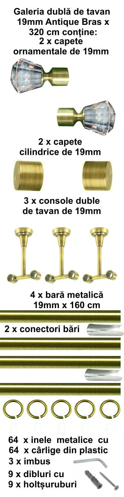Galerie Metalică Cristal, dublă, de tavan, cu inele, 19mm, antique brass (auriu antic)