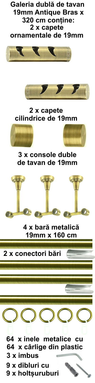 Galerie Metalică Drop, dublă, de tavan, cu inele, 19mm, antique brass (auriu antic)