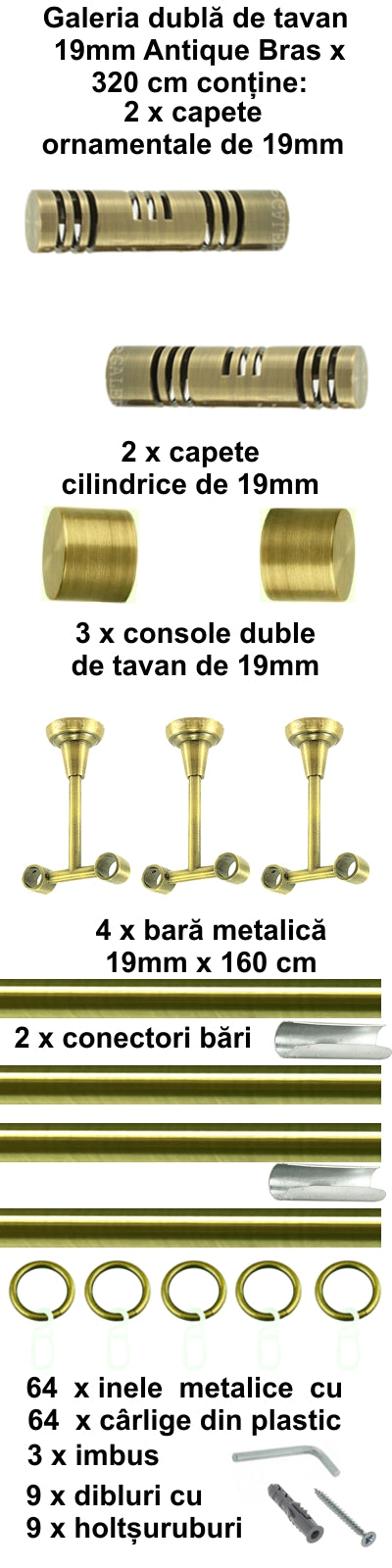 Galerie Metalică Elis, dublă, de tavan, cu inele, 19mm, antique brass (auriu antic)