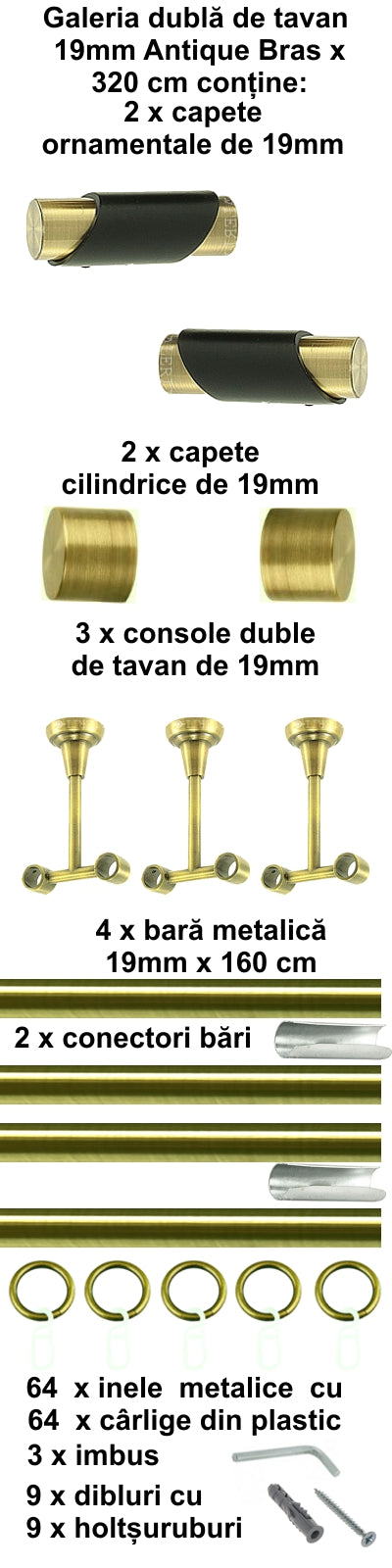 Galerie Metalică Paris, dublă, de tavan, cu inele, 19mm, antique brass (auriu antic)