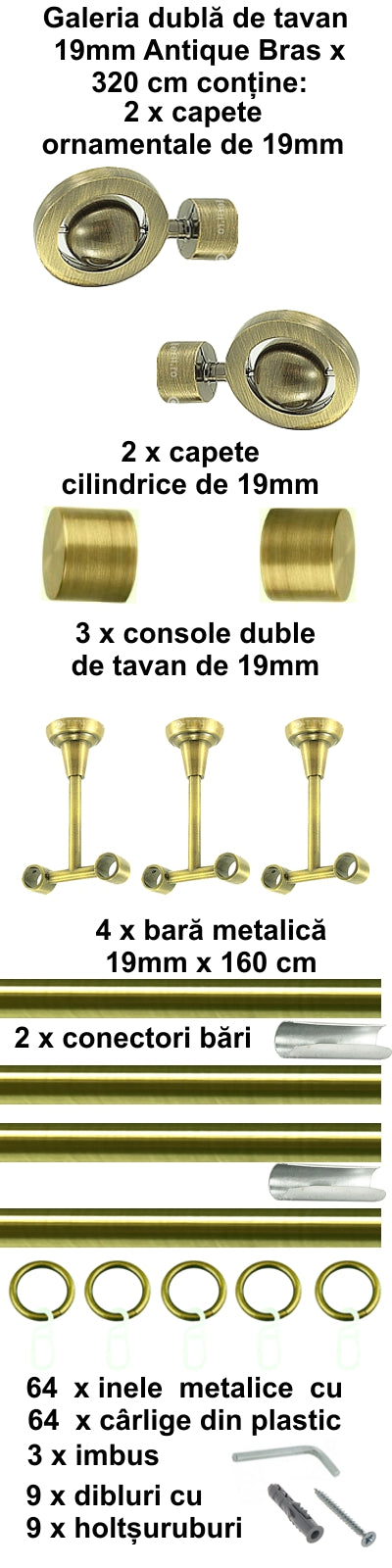 Galerie Metalică Seti, dublă, de tavan, cu inele, 19mm, antique brass (auriu antic)