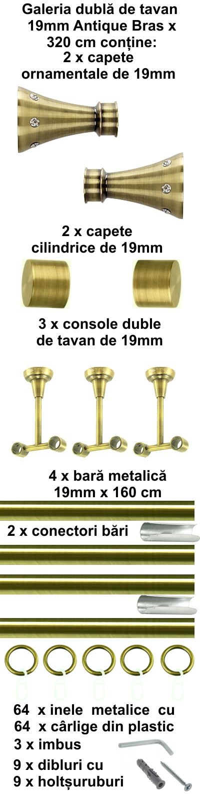 Galerie Metalică Sigma, dublă, de tavan, cu inele, 19mm, antique brass (auriu antic)