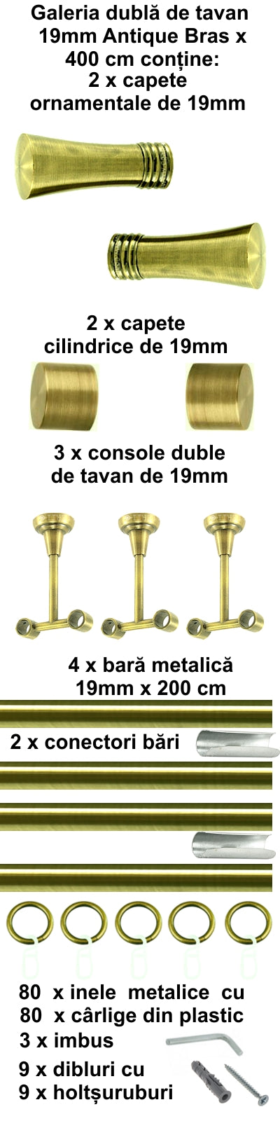 Galerie Metalică Ahile, dublă, de tavan, cu inele, 19mm, antique brass (auriu antic)