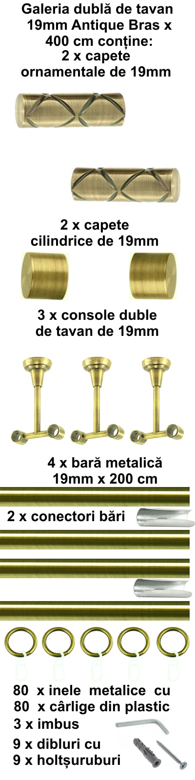 Galerie Metalică Ciel, dublă, de tavan, cu inele, 19mm, antique brass (auriu antic)