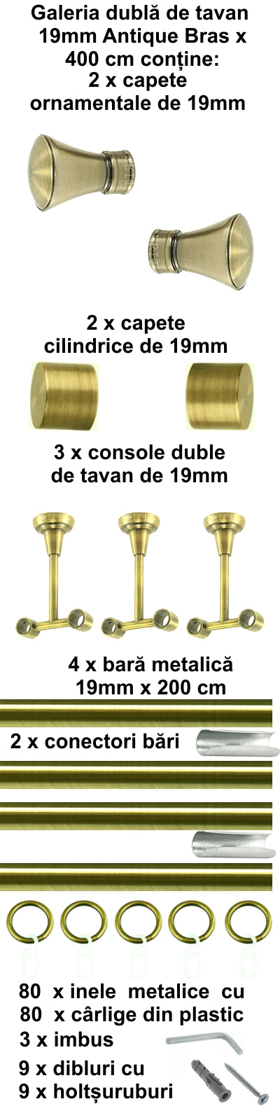 Galerie Metalică Conic, dublă, de tavan, cu inele, 19mm, antique brass (auriu antic)