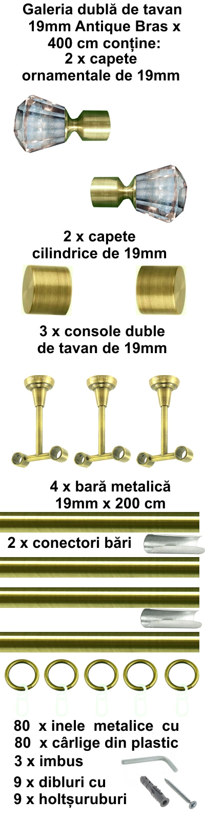 Galerie Metalică Cristal, dublă, modernă, cu inele, 19mm, antique brass (auriu antic)