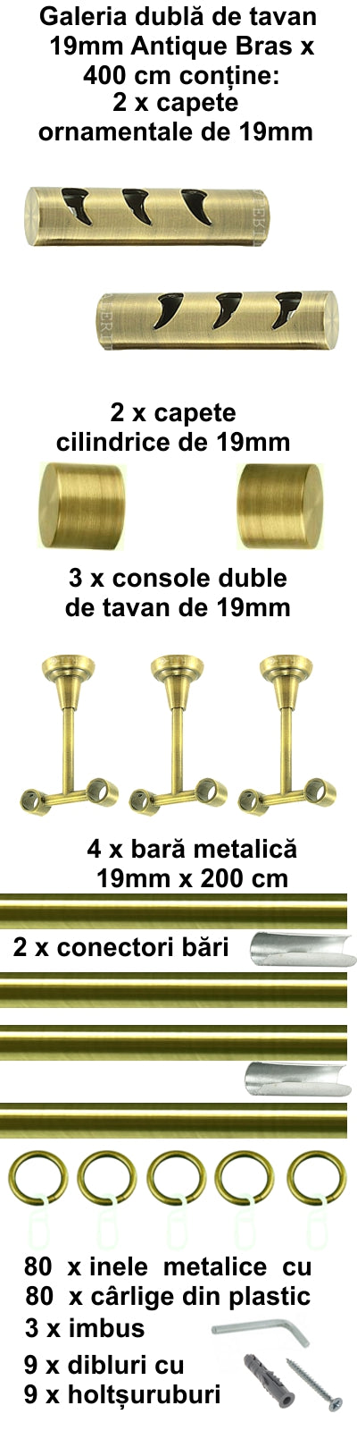 Galerie Metalică Drop, dublă, de tavan, cu inele, 19mm, antique brass (auriu antic)
