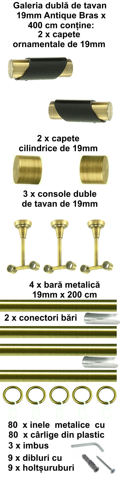 Galerie Metalică Paris, dublă, de tavan, cu inele, 19mm, antique brass (auriu antic)