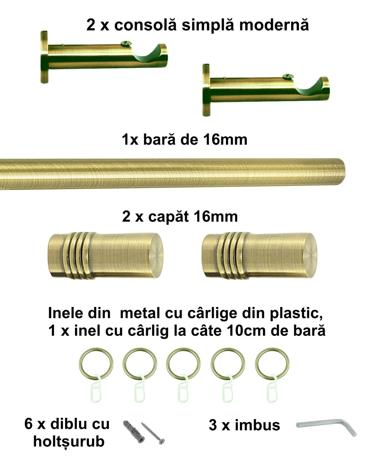 Galerie Metalică Celtex, simplă, modernă, cu inele, 16mm, antique brass (auriu antic)