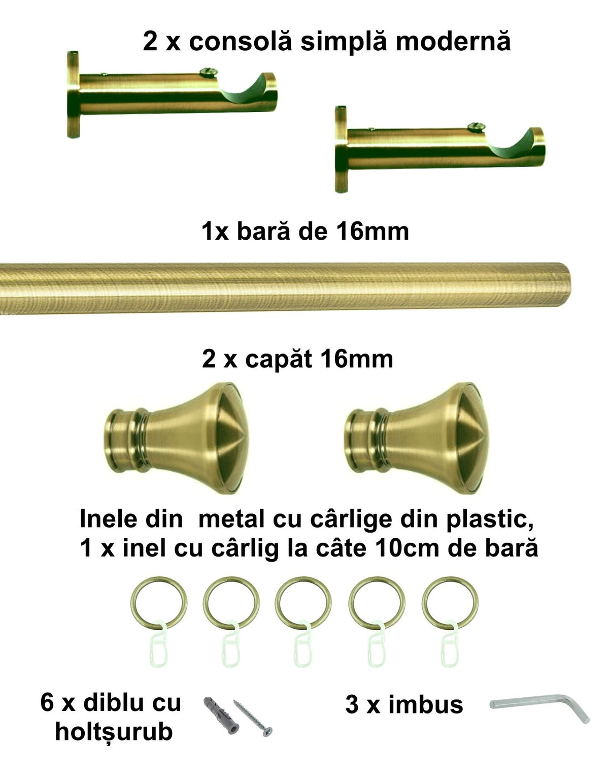 Galerie Metalică Conic, simplă, modernă, cu inele, 16mm, antique brass (auriu antic)