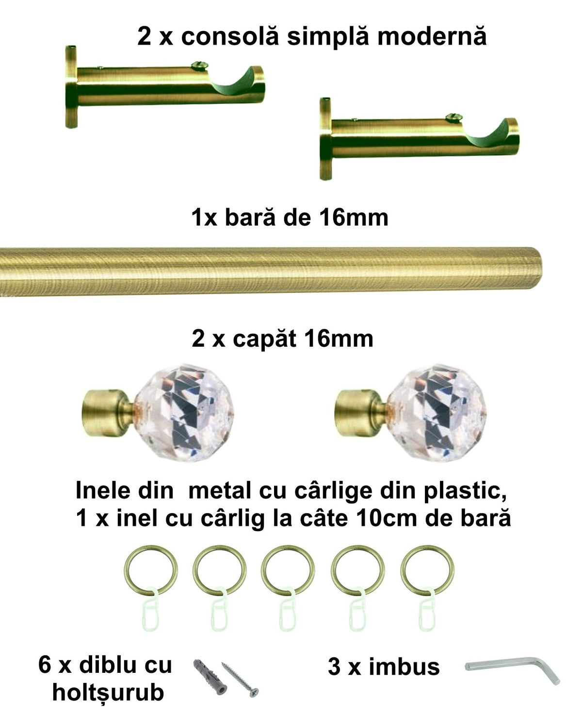 Galerie Metalică Cristal, simplă, modernă, cu inele, 16mm, antique brass (auriu antic)