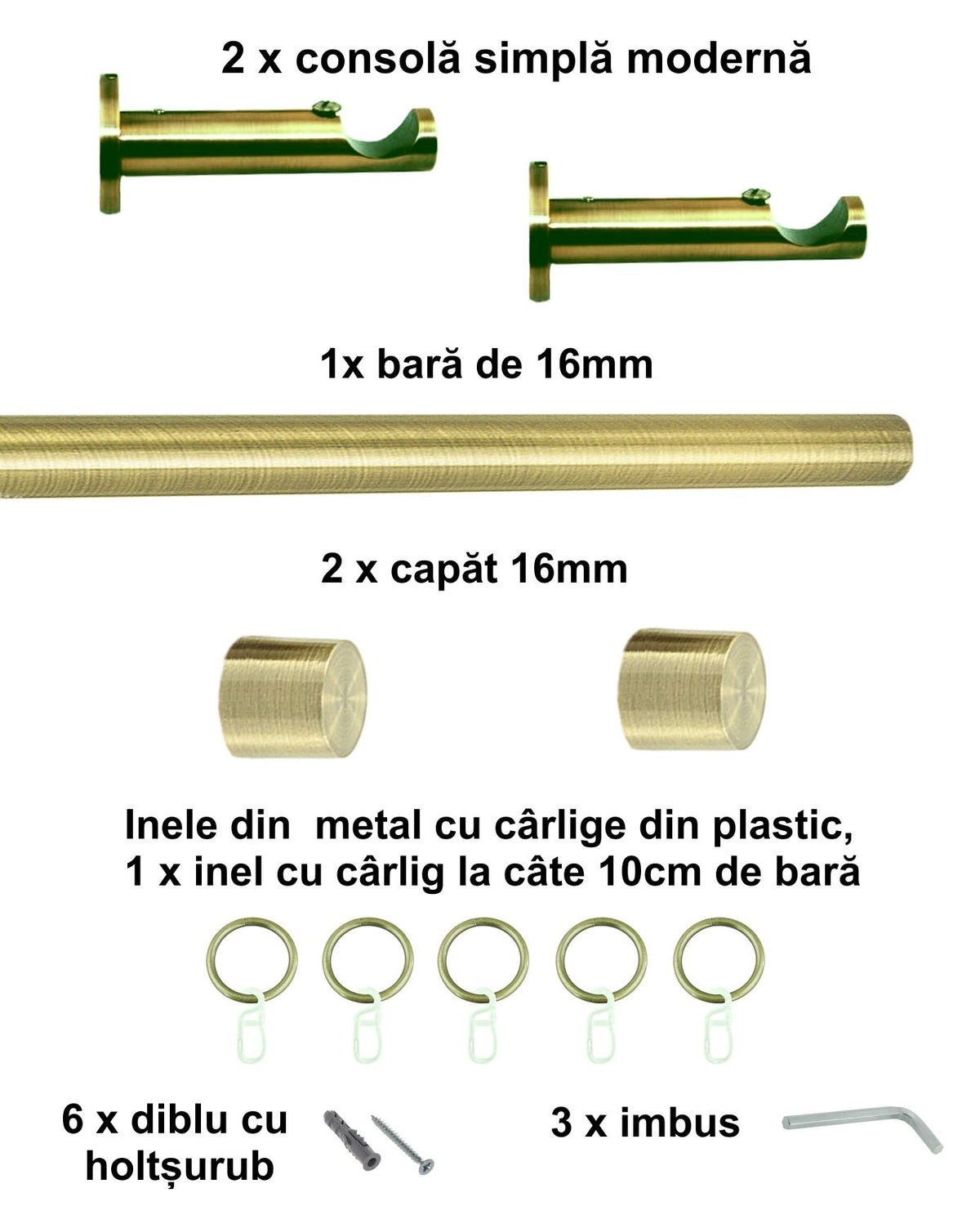 Galerie Metalică Luna, simplă, modernă, cu inele, 16mm, antique brass (auriu antic)