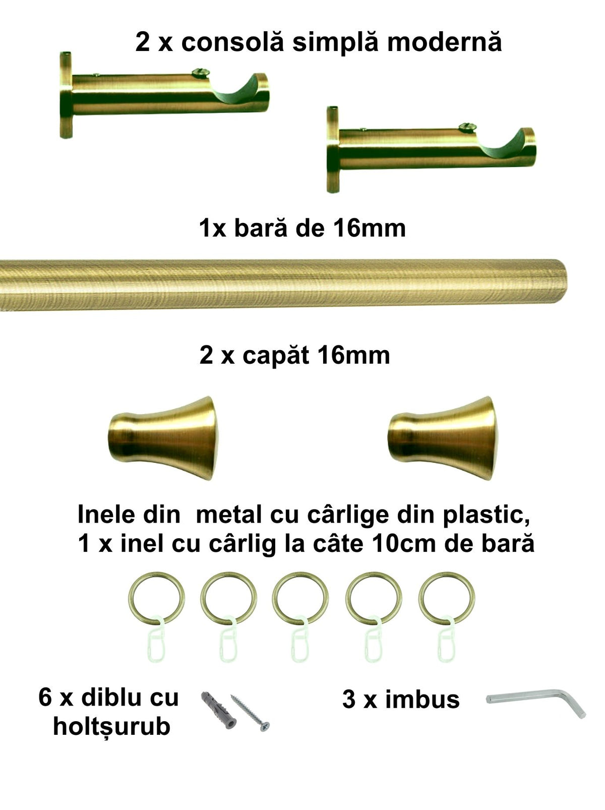 Galerie Metalică Monaco, simplă, modernă, cu inele, 16mm, antique brass (auriu antic)