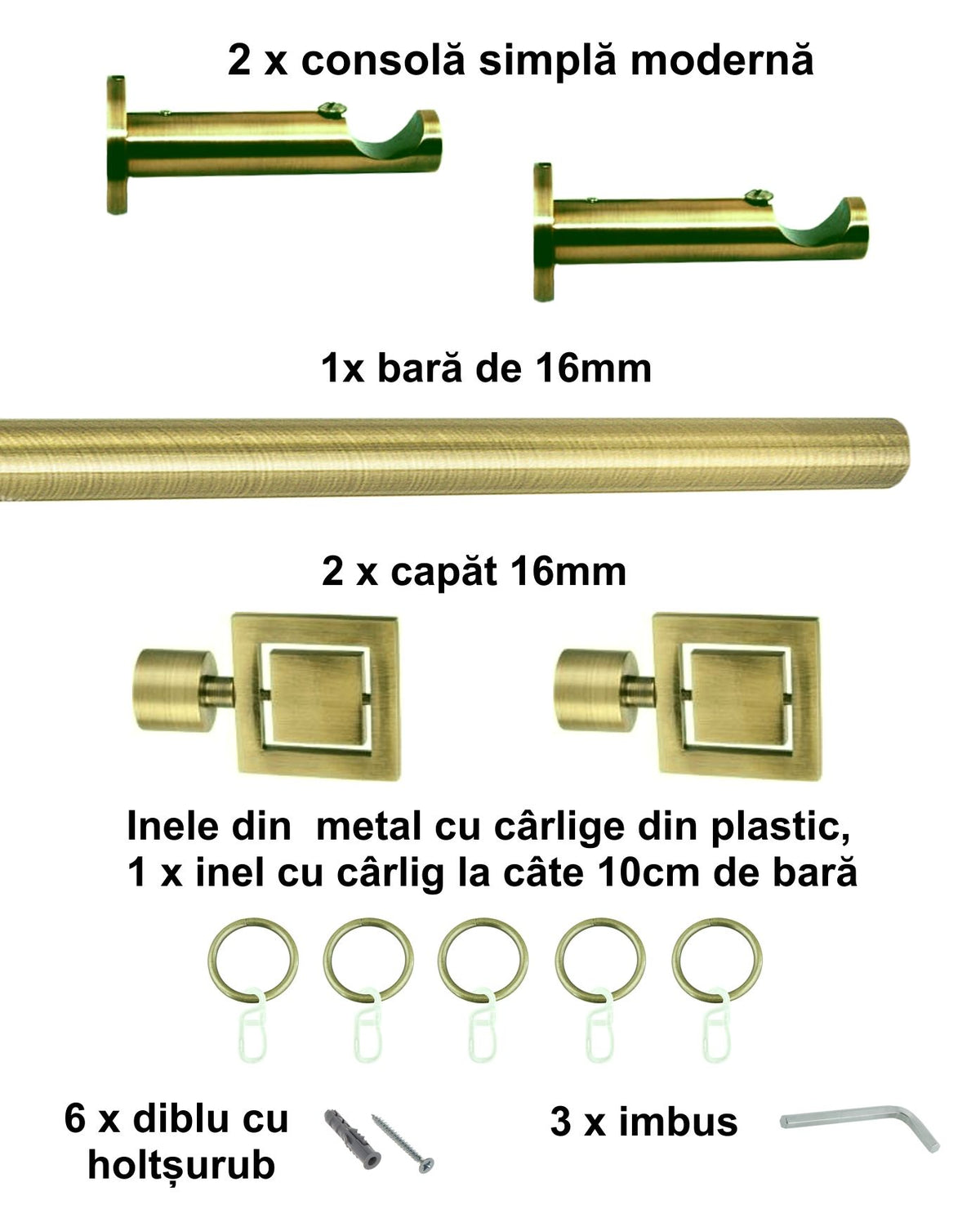 Galerie Metalică Saturn, simplă, modernă, cu inele, 16mm, antique brass (auriu antic)
