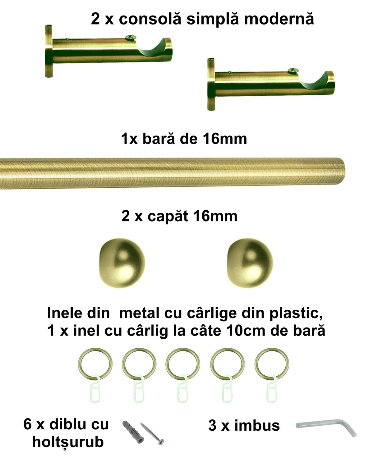 Galerie Metalică Terra, simplă, modernă, cu inele, 16mm, antique brass (auriu antic)