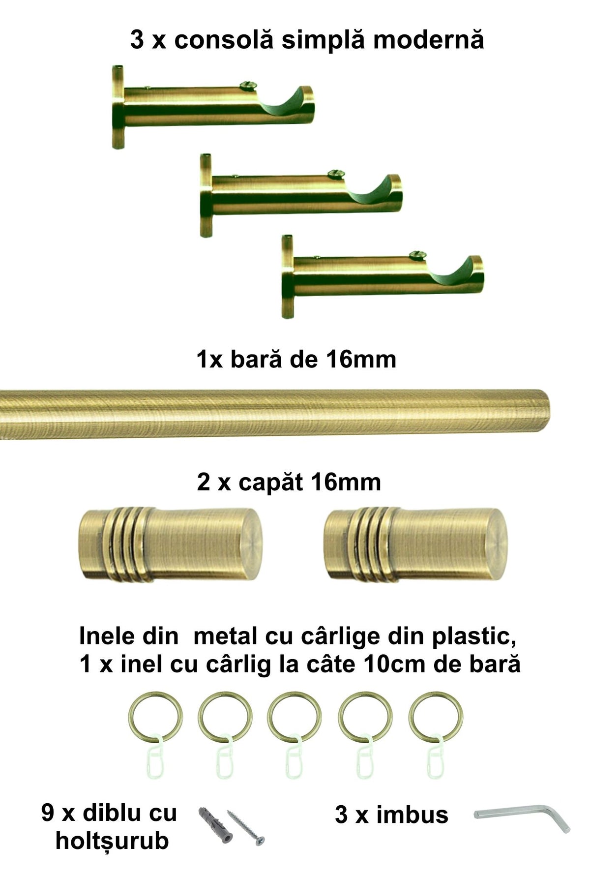 Galerie Metalică Celtex, simplă, modernă, cu inele, 16mm, antique brass (auriu antic)