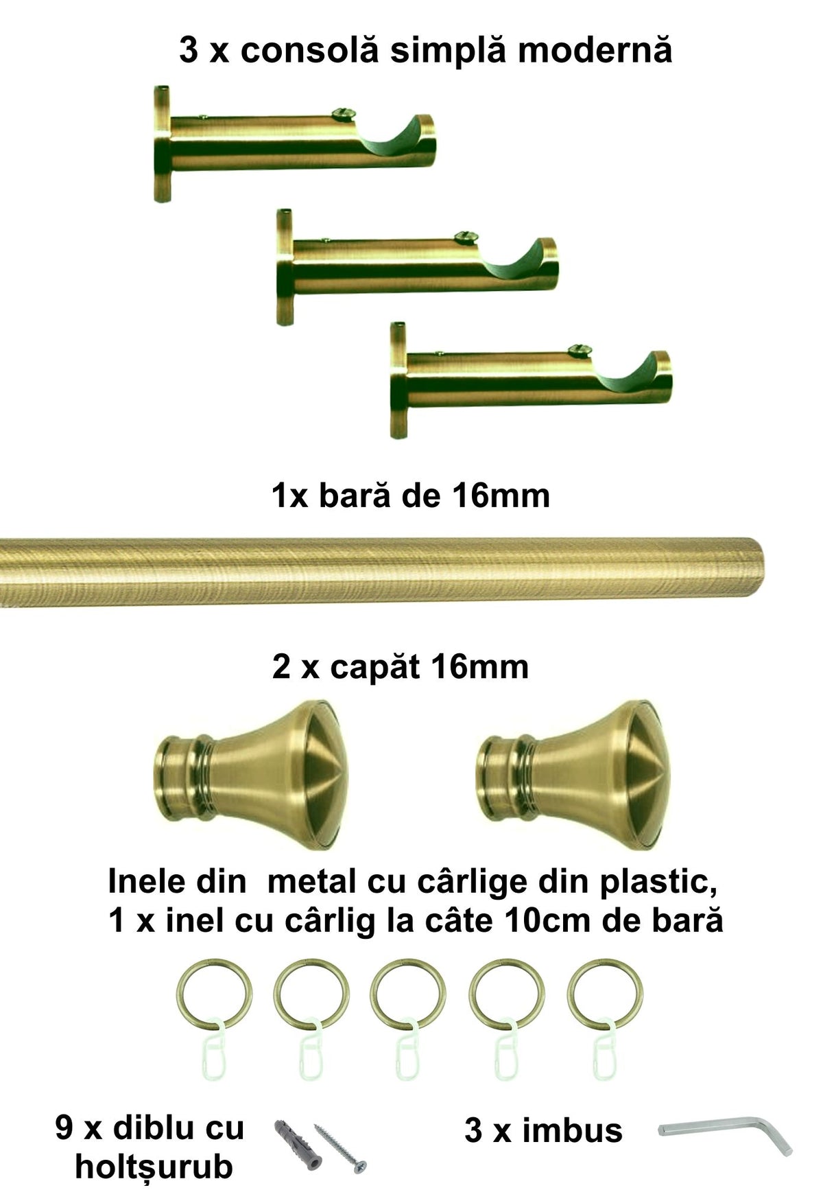 Galerie Metalică Conic, simplă, modernă, cu inele, 16mm, antique brass (auriu antic)