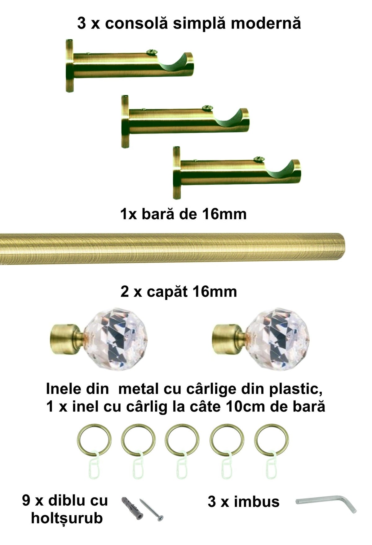 Galerie Metalică Cristal, simplă, modernă, cu inele, 16mm, antique brass (auriu antic)