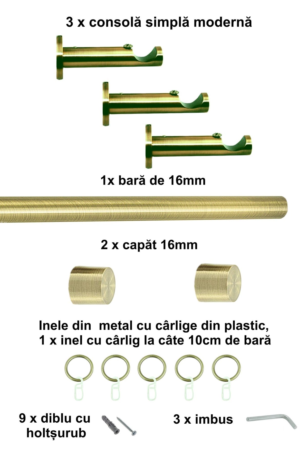 Galerie Metalică Luna, simplă, modernă, cu inele, 16mm, antique brass (auriu antic)