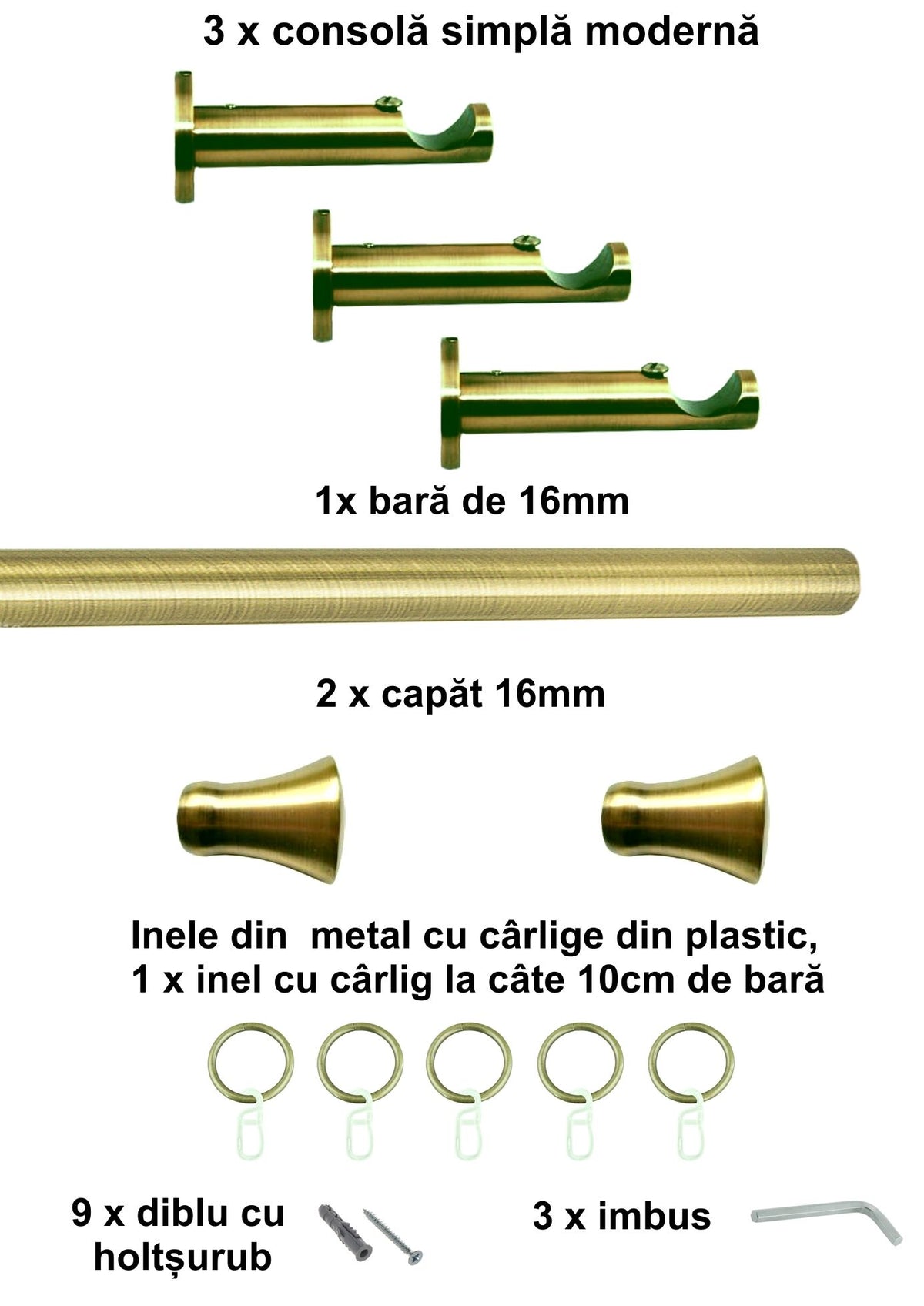 Galerie Metalică Monaco, simplă, modernă, cu inele, 16mm, antique brass (auriu antic)
