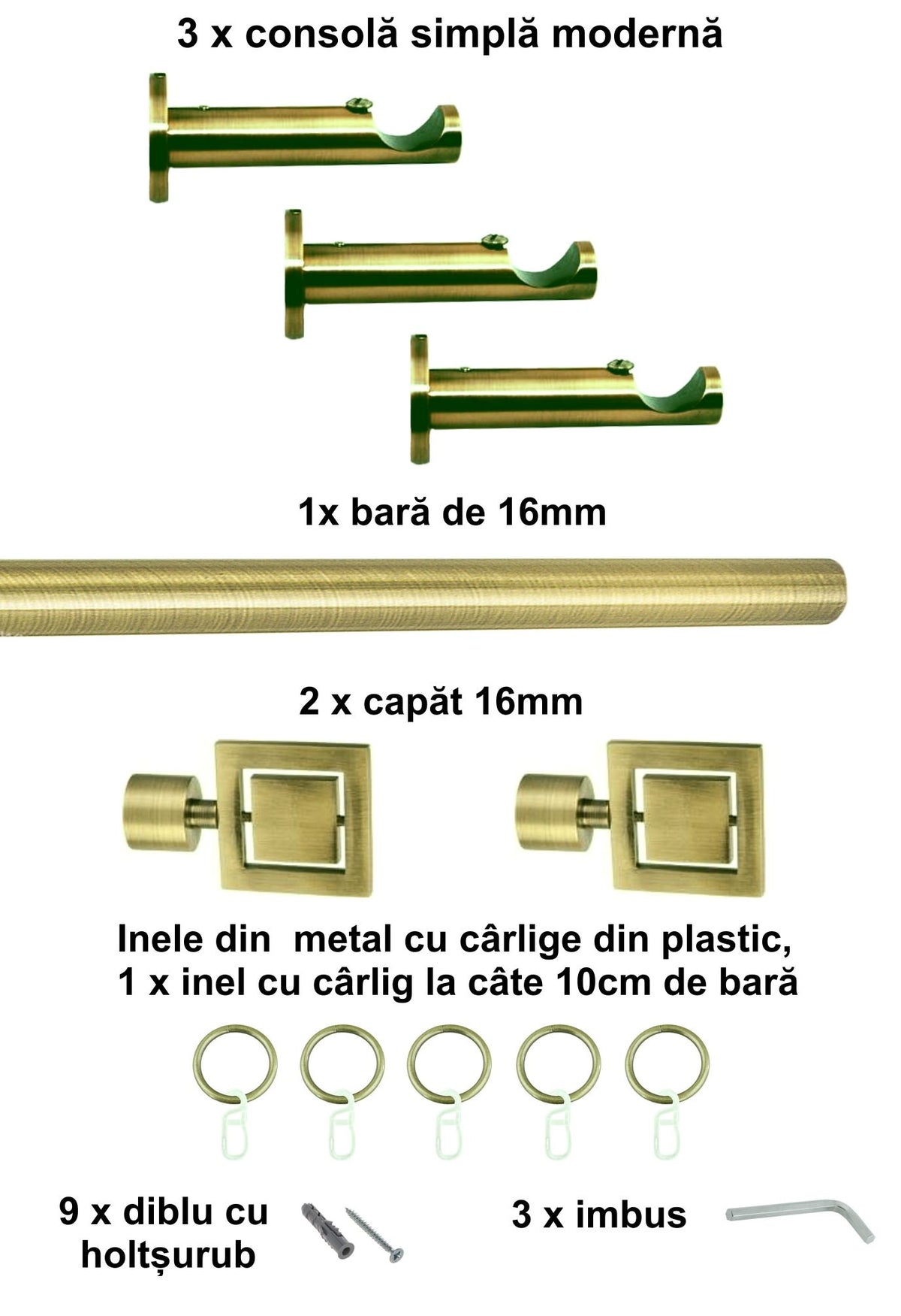 Galerie Metalică Saturn, simplă, modernă, cu inele, 16mm, antique brass (auriu antic)
