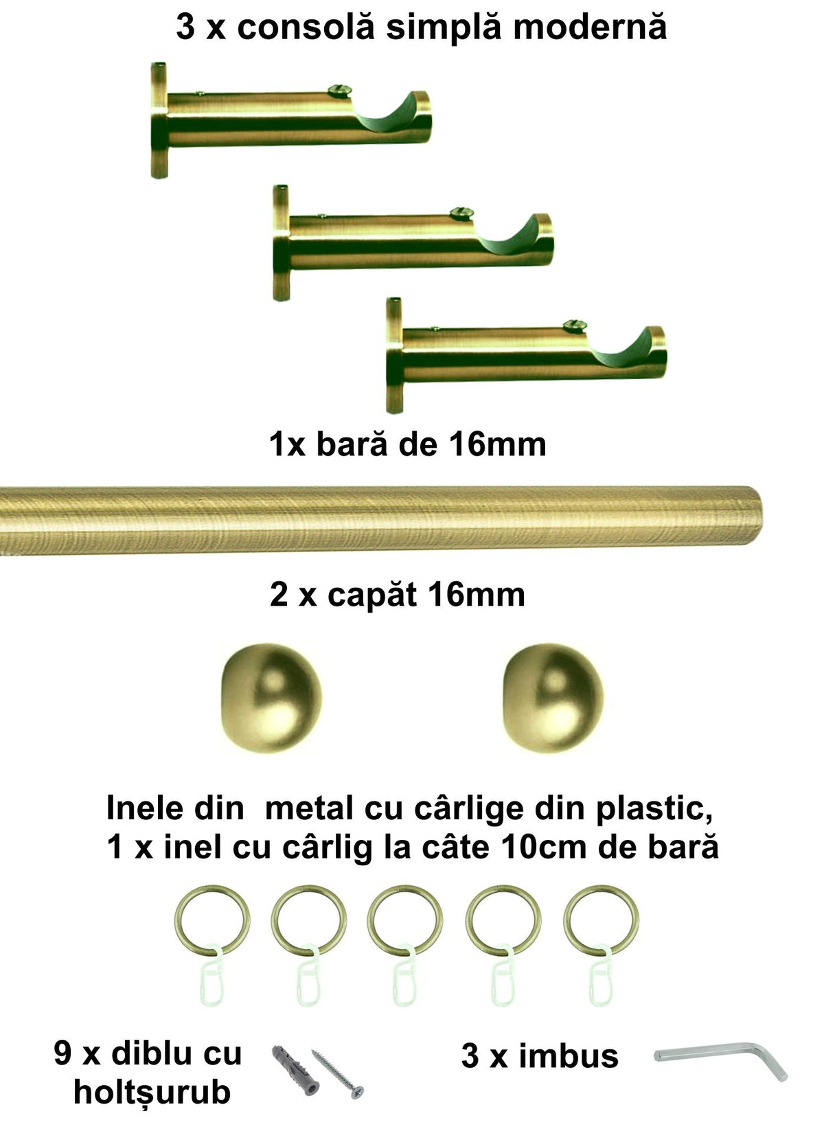Galerie Metalică Terra, simplă, modernă, cu inele, 16mm, antique brass (auriu antic)