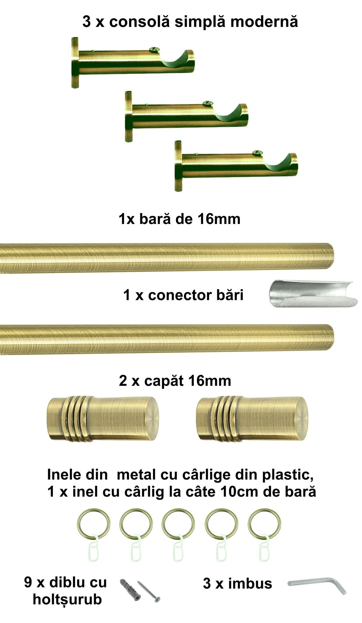 Galerie Metalică Celtex, simplă, modernă, cu inele, 16mm, antique brass (auriu antic)