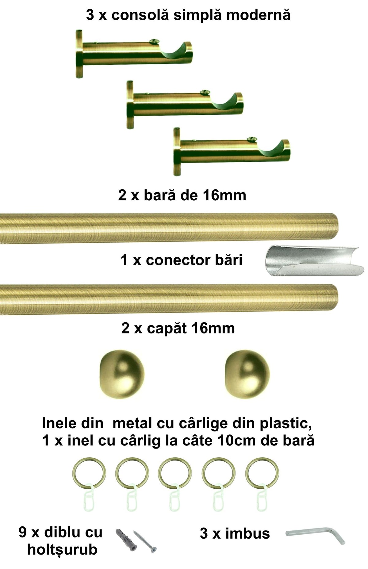 Galerie Metalică Terra, simplă, modernă, cu inele, 16mm, antique brass (auriu antic)