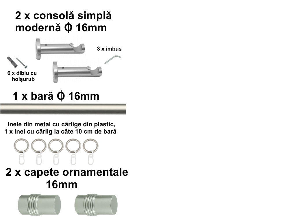 Galerie Metalică Celtex, simplă, modernă, cu inele, 16mm, satin nichel (argintiu mat)