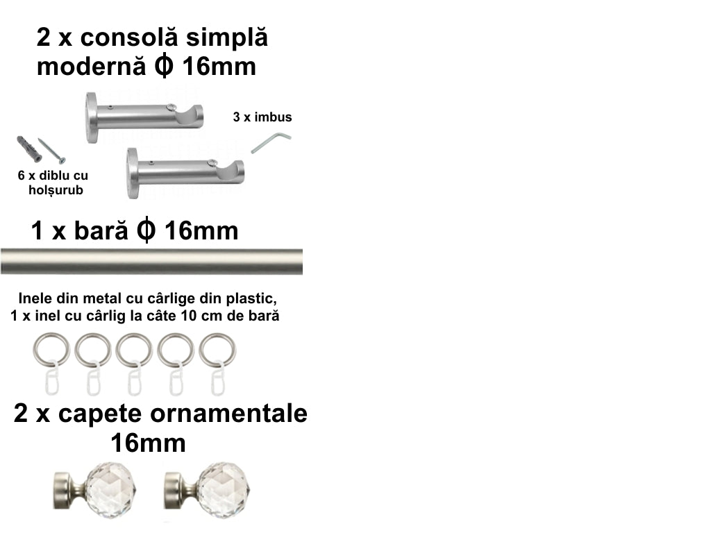 Galerie Metalică Cristal, simplă, modernă, cu inele, 16mm, satin nichel (argintiu mat)