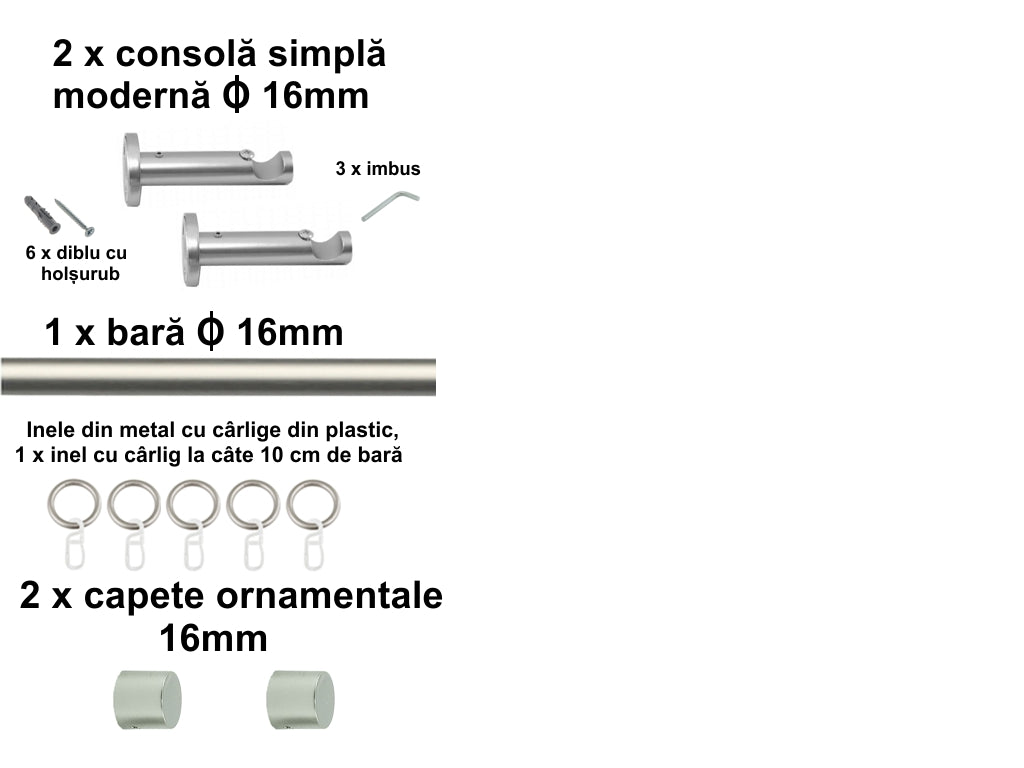 Galerie Metalică Luna, simplă, modernă, cu inele, 16mm, satin nichel (argintiu mat)