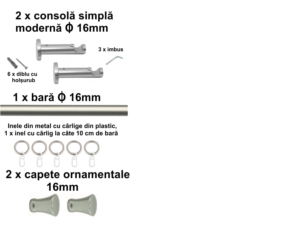 Galerie Metalică Monaco, simplă, modernă, cu inele, 16mm, satin nichel (argintiu mat)