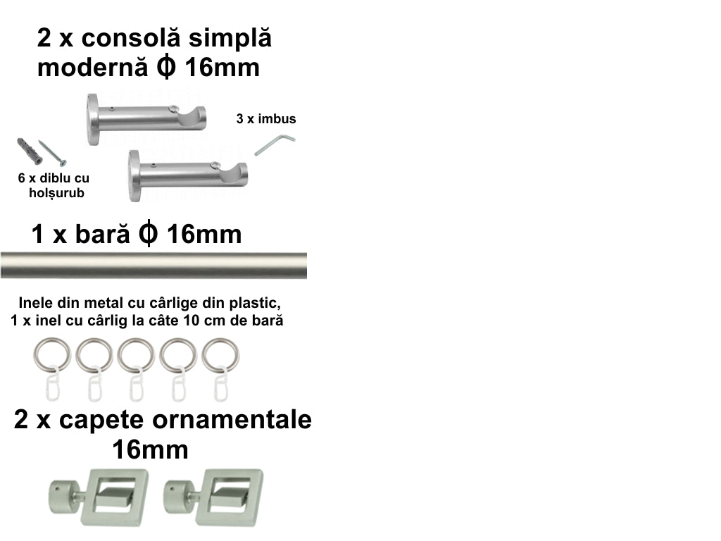 Galerie Metalică Saturn, simplă, modernă, cu inele, 16mm, satin nichel (argintiu mat)