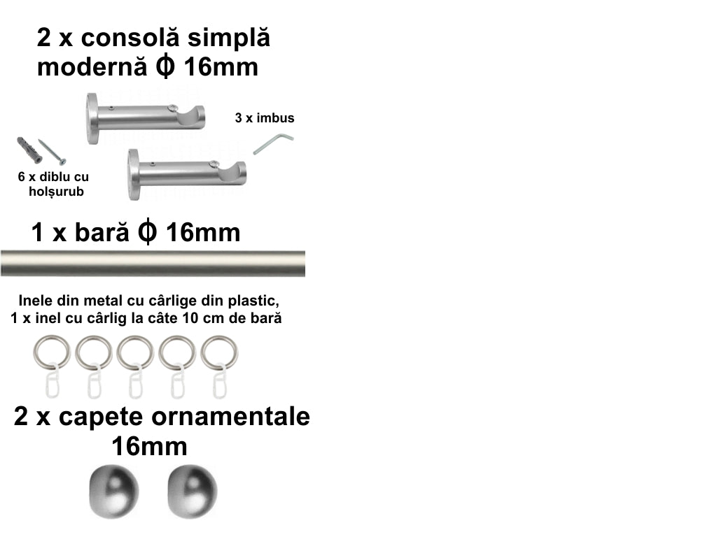 Galerie Metalică Terra, simplă, modernă, cu inele, 16mm, satin nichel (argintiu mat)