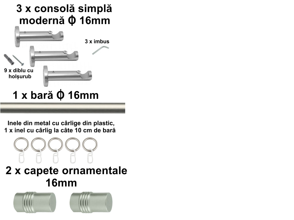 Galerie Metalică Celtex, simplă, modernă, cu inele, 16mm, satin nichel (argintiu mat)