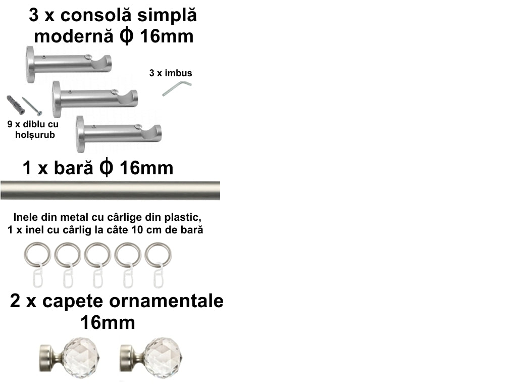 Galerie Metalică Cristal, simplă, modernă, cu inele, 16mm, satin nichel (argintiu mat)