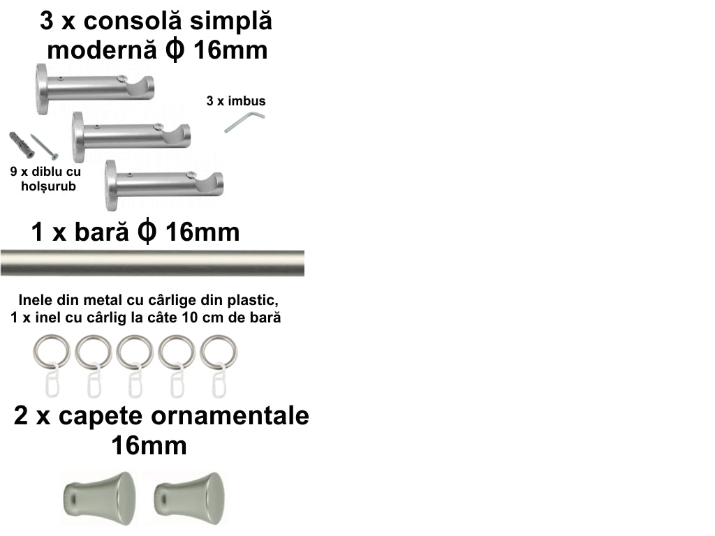 Galerie Metalică Monaco, simplă, modernă, cu inele, 16mm, satin nichel (argintiu mat)