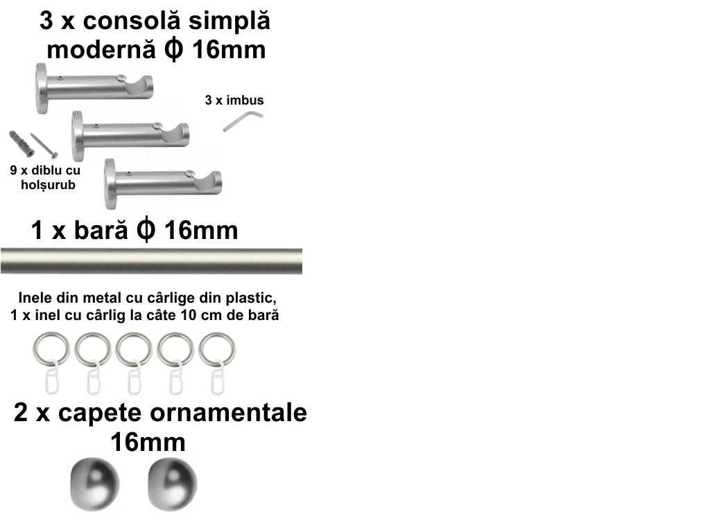 Galerie Metalică Terra, simplă, modernă, cu inele, 16mm, satin nichel (argintiu mat)