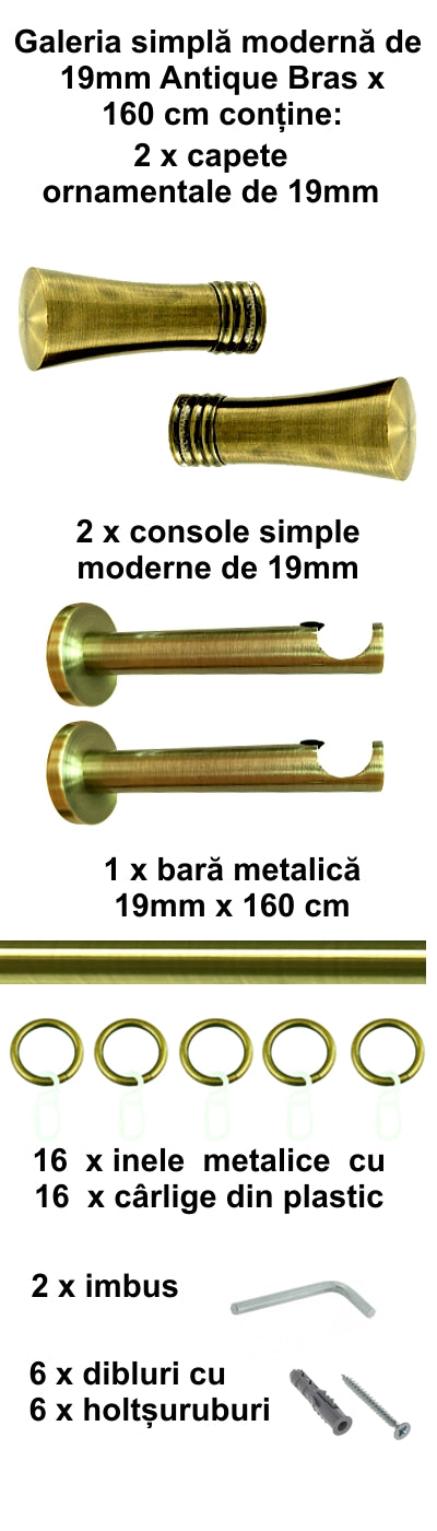 Galerie Metalică Ahile, simplă, modernă, cu inele, 19mm, antique brass (auriu antic)