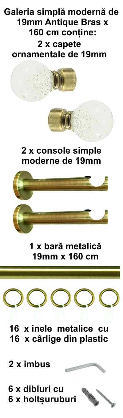 Galerie Metalică Buble, simplă, modernă, cu inele, 19mm, antique brass (auriu antic)