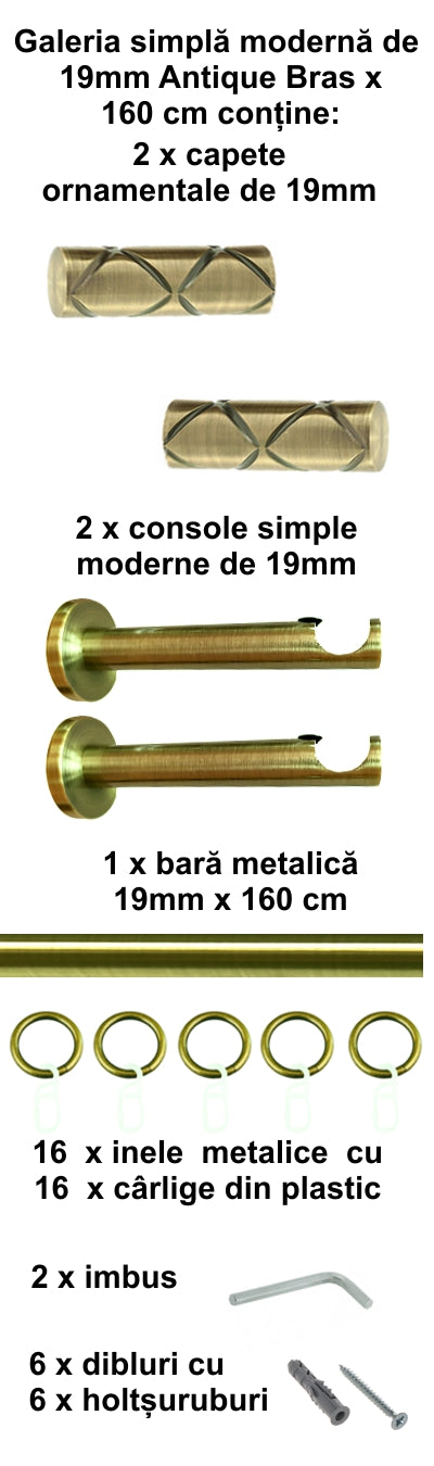 Galerie Metalică Ciel, simplă, modernă, cu inele, 19mm, antique brass (auriu antic)