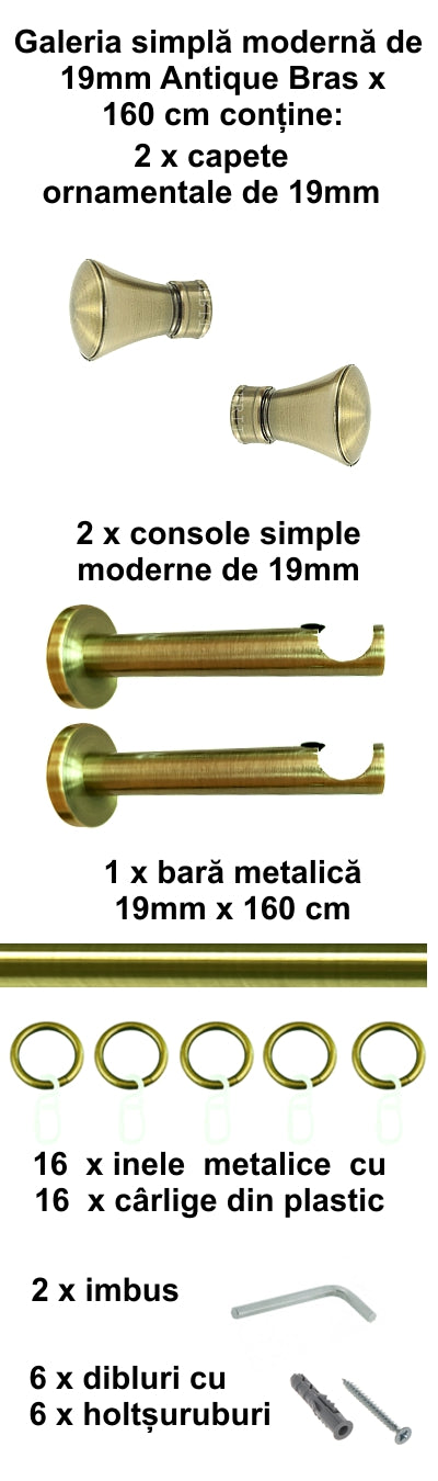 Galerie Metalică Conic, simplă, modernă, cu inele, 19mm, antique brass (auriu antic)