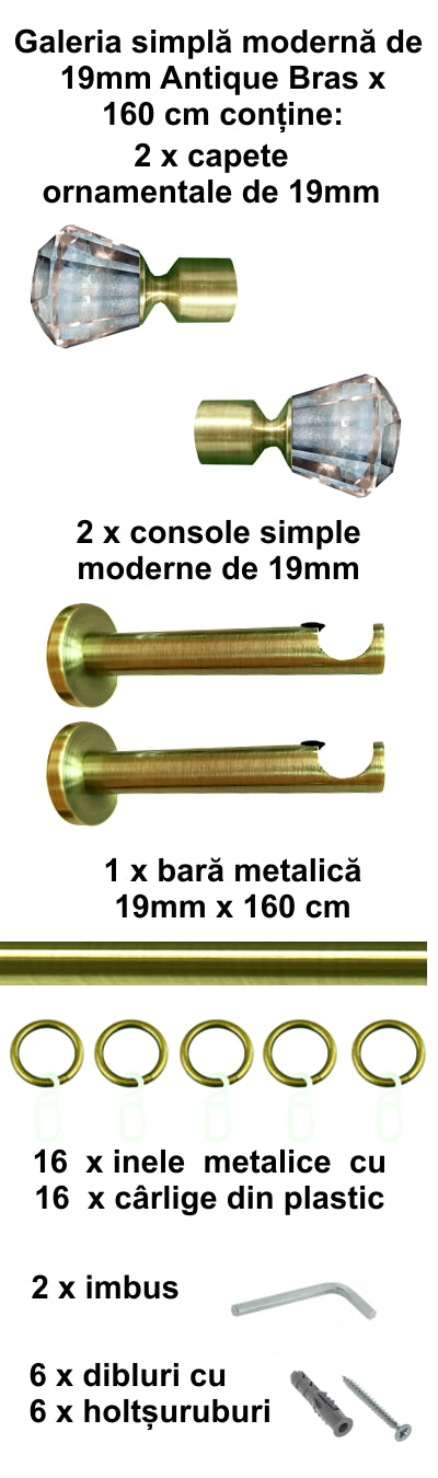 Galerie Metalică Cristal, simplă, modernă, cu inele, 19mm, antique brass (auriu antic)