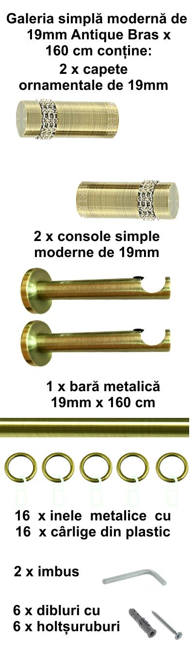 Galerie Metalică Dios, simplă, modernă, cu inele, 19mm, antique brass (auriu antic)