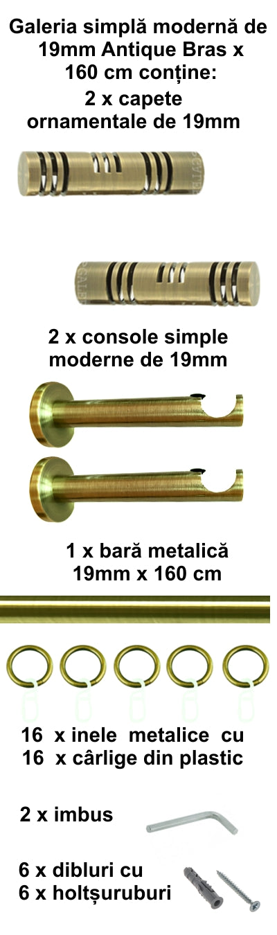 Galerie Metalică Elis, simplă, modernă, cu inele, 19mm, antique brass (auriu antic)