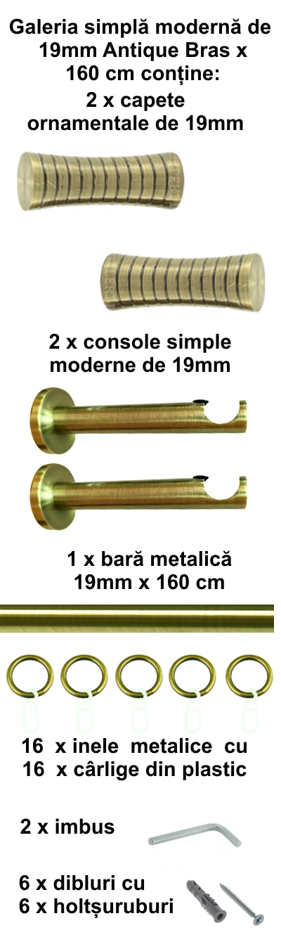 Galerie Metalică Febris, simplă, modernă, cu inele, 19mm, antique brass (auriu antic)
