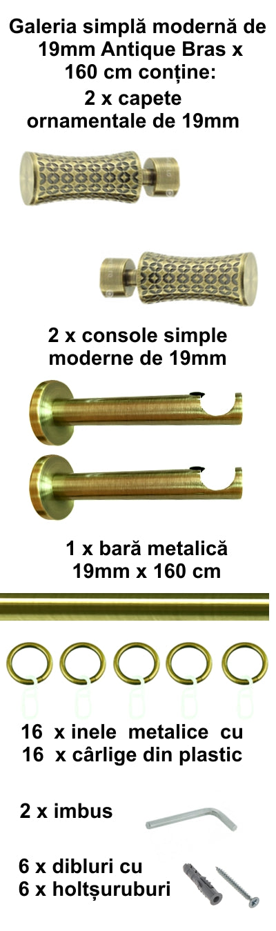 Galerie Metalică Jaris, simplă, modernă, cu inele, 19mm, antique brass (auriu antic)