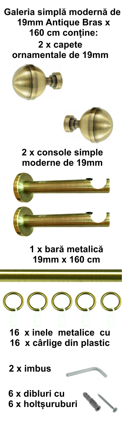 Galerie Metalică Kalisto, simplă, modernă, cu inele, 19mm, antique brass (auriu antic)