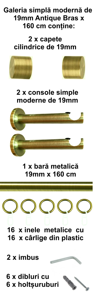 Galerie Metalică Luna, simplă, modernă, cu inele, 19mm, antique brass (auriu antic)