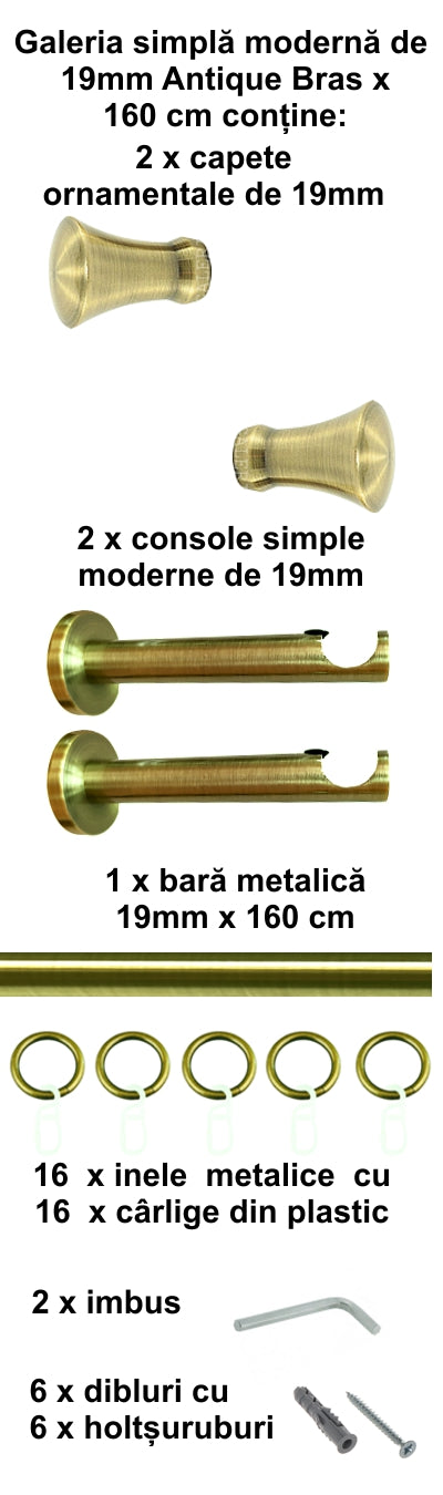 Galerie Metalică Monaco, simplă, modernă, cu inele, 19mm, antique brass (auriu antic)